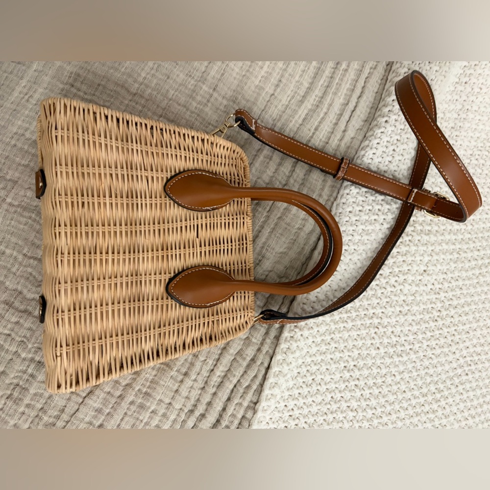 Zara Beige Woven Tote with Brown Leather Handles